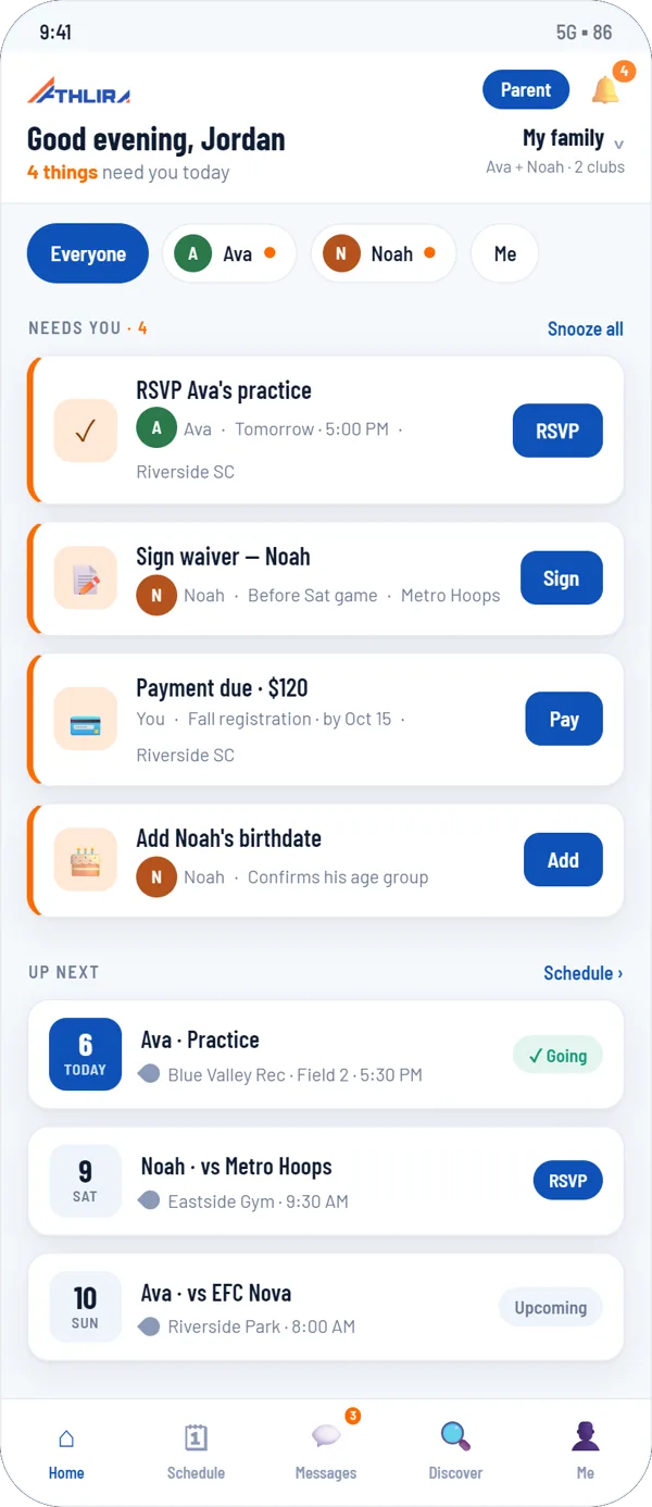 The Athlira app's parent home: what needs you today, such as an RSVP, a waiver to sign and a payment, and what's up next for each child.